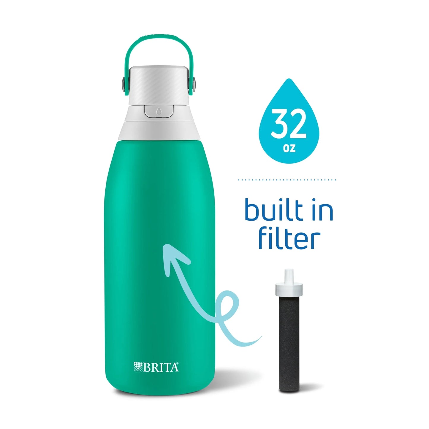 Premium Stainless Steel, Insulated Leak Proof Filtered Water Bottle, Jade, 32 Oz