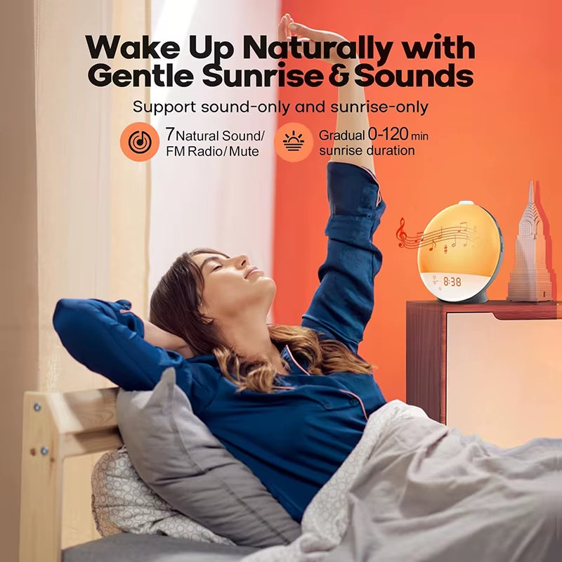 Wake up Light Alarm Clock with Sunrise Sunset Simulation FM Radio Night Light Bedside Digital Clock for Gentle Natural Wake Up