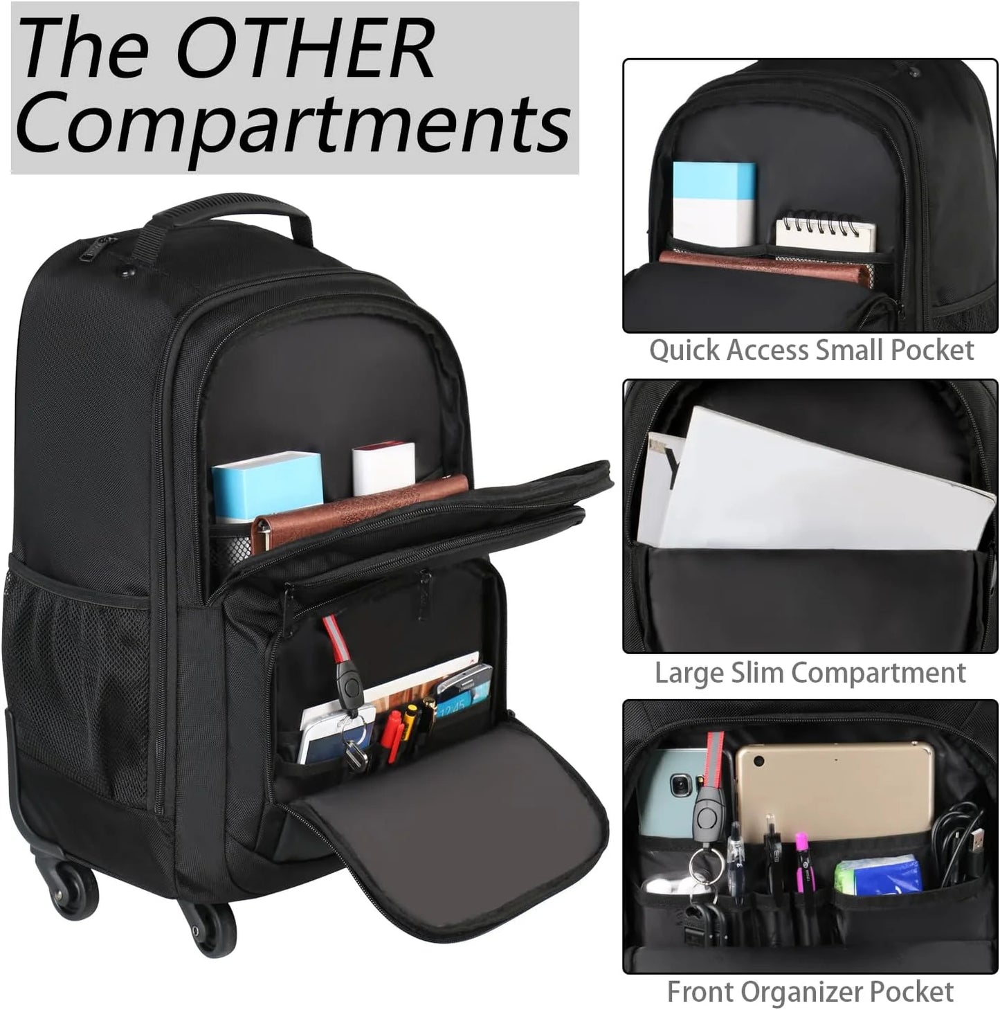 4-Wheel Rolling Backpack 17" - Waterproof Wheeled Laptop Bag for Men Women, Airline Approved Carry-On