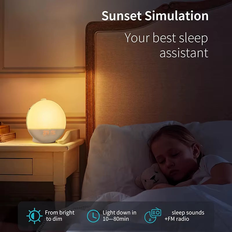 Wake up Light Alarm Clock with Sunrise Sunset Simulation FM Radio Night Light Bedside Digital Clock for Gentle Natural Wake Up