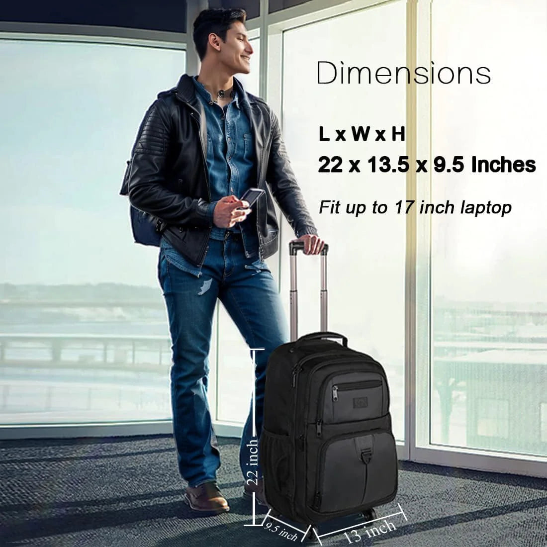 4-Wheel Rolling Backpack 17" - Waterproof Wheeled Laptop Bag for Men Women, Airline Approved Carry-On