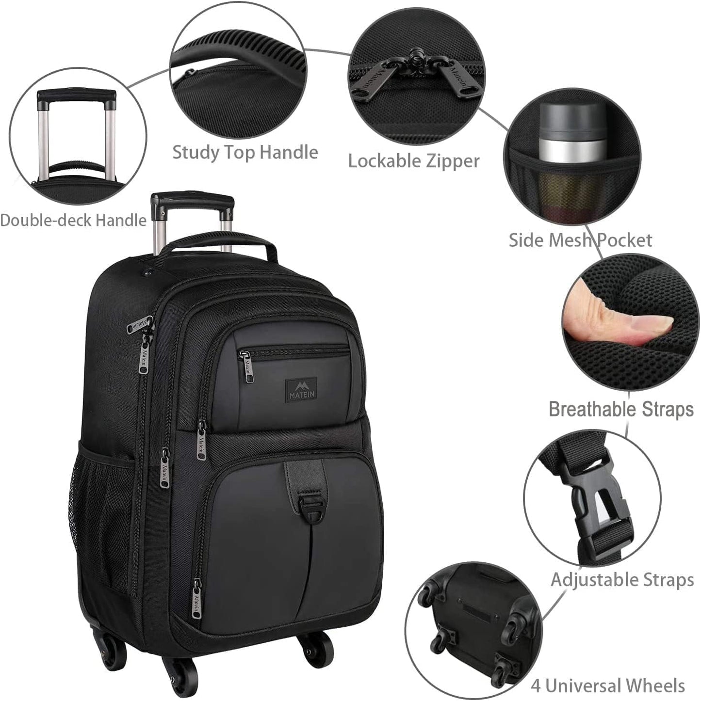 4-Wheel Rolling Backpack 17" - Waterproof Wheeled Laptop Bag for Men Women, Airline Approved Carry-On