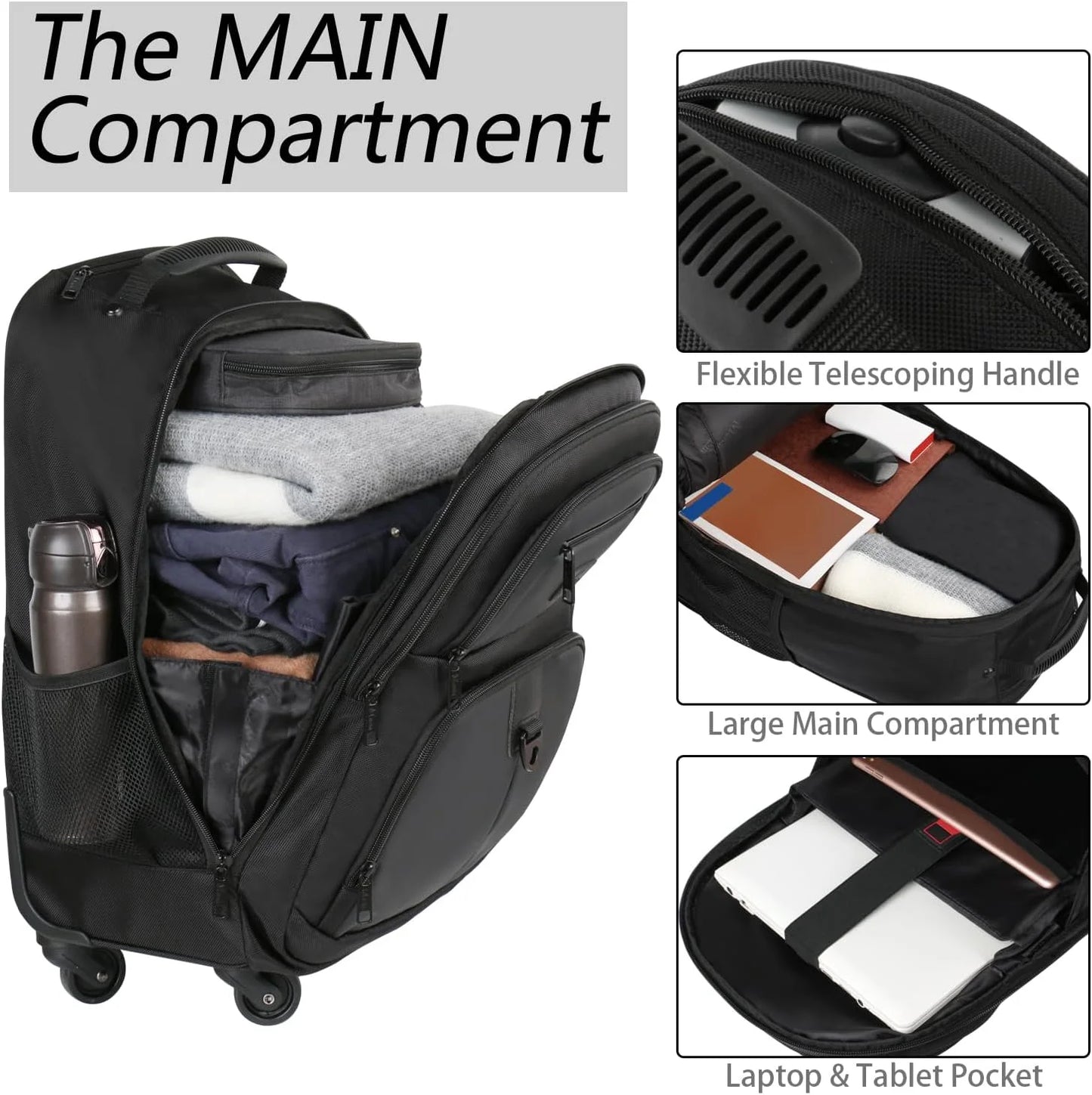 4-Wheel Rolling Backpack 17" - Waterproof Wheeled Laptop Bag for Men Women, Airline Approved Carry-On