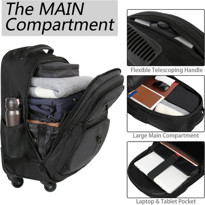 4-Wheel Rolling Backpack 17" - Waterproof Wheeled Laptop Bag for Men Women, Airline Approved Carry-On