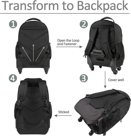 4-Wheel Rolling Backpack 17" - Waterproof Wheeled Laptop Bag for Men Women, Airline Approved Carry-On