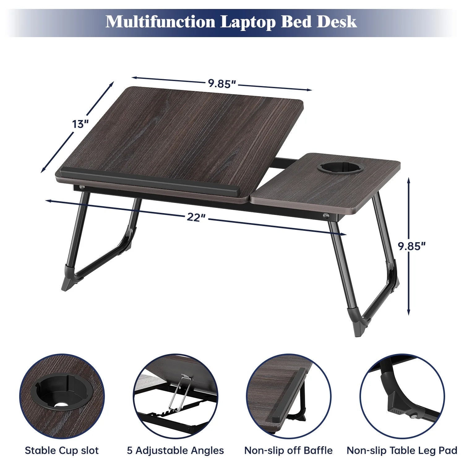 Laptop Desk with 5 Adjustable Angles, Folding Lap Tray with Cup Slot, Bed Tray for Eating Reading Working on Bed Couch Sofa, Adjust Desk for Home Office, Bedroom