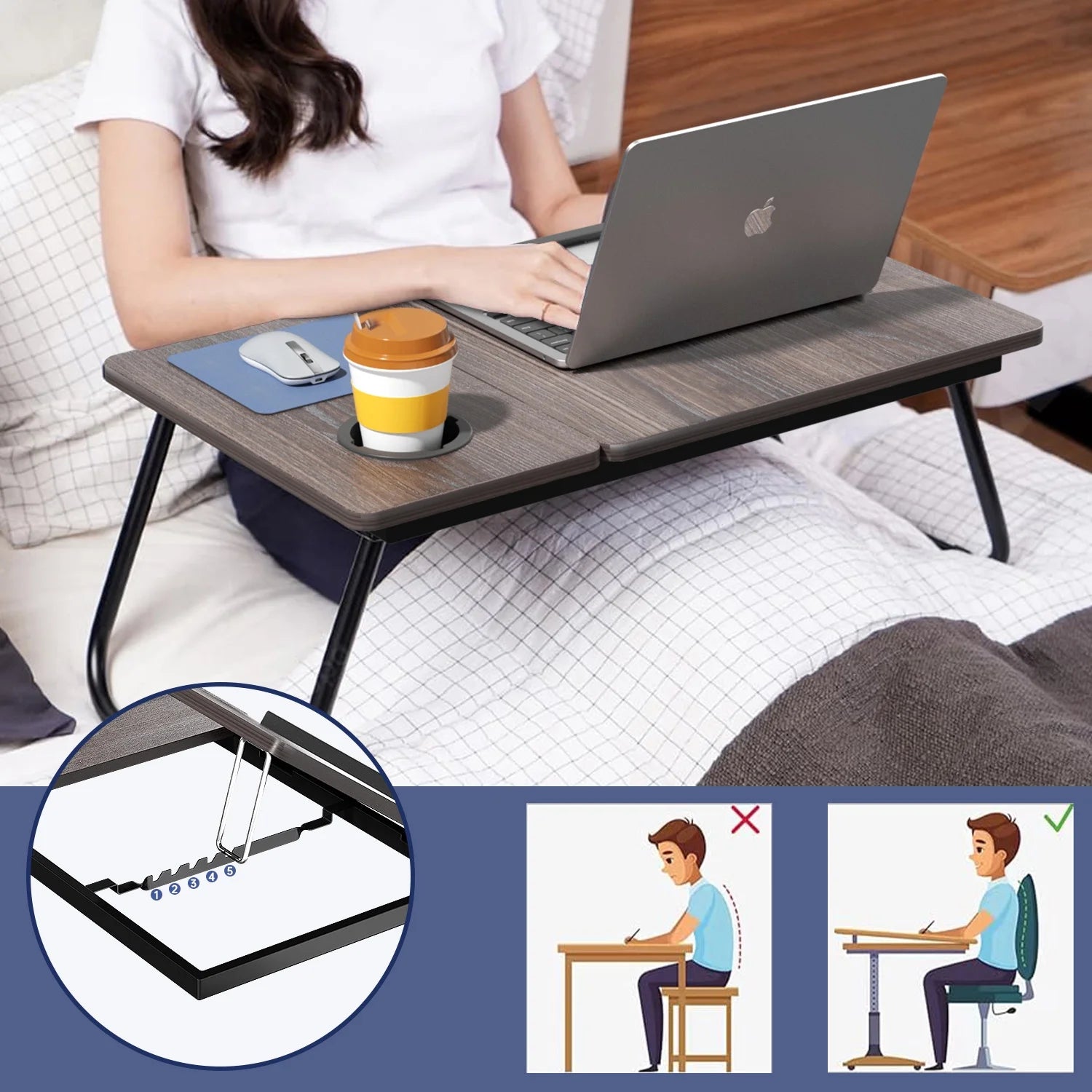 Laptop Desk with 5 Adjustable Angles, Folding Lap Tray with Cup Slot, Bed Tray for Eating Reading Working on Bed Couch Sofa, Adjust Desk for Home Office, Bedroom
